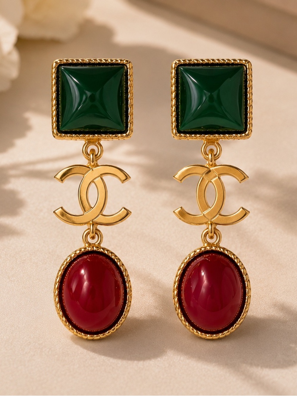 Gold-Tone Drop Earrings with Green and Burgundy Cabochons